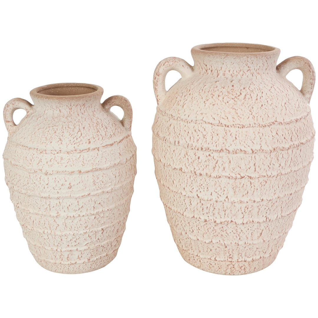 Cream Ceramic Textured Vase with Handles and Terracotta Accents (Set of 2)