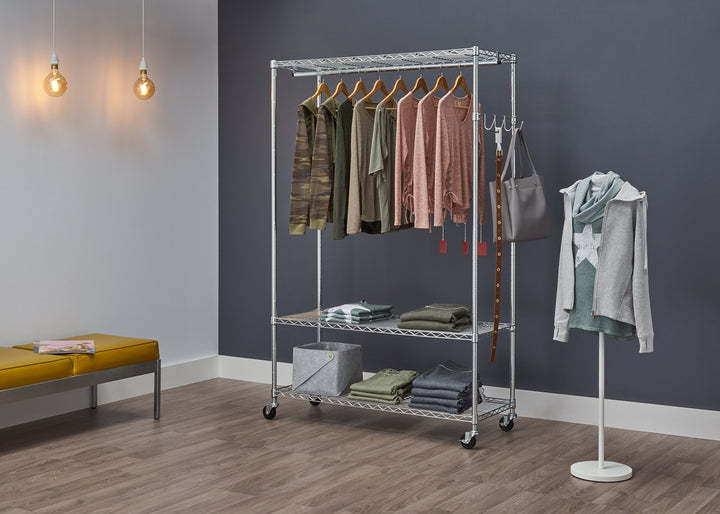 TRINITY Eco Rolling Garment Rack with Shelves Hooks for Clothing