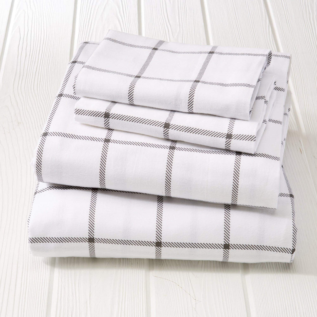 4 Piece Grey Windowpane Plaid Flannel Sheet King Set Gray Check Window Pane King - Windowpane - White / Grey