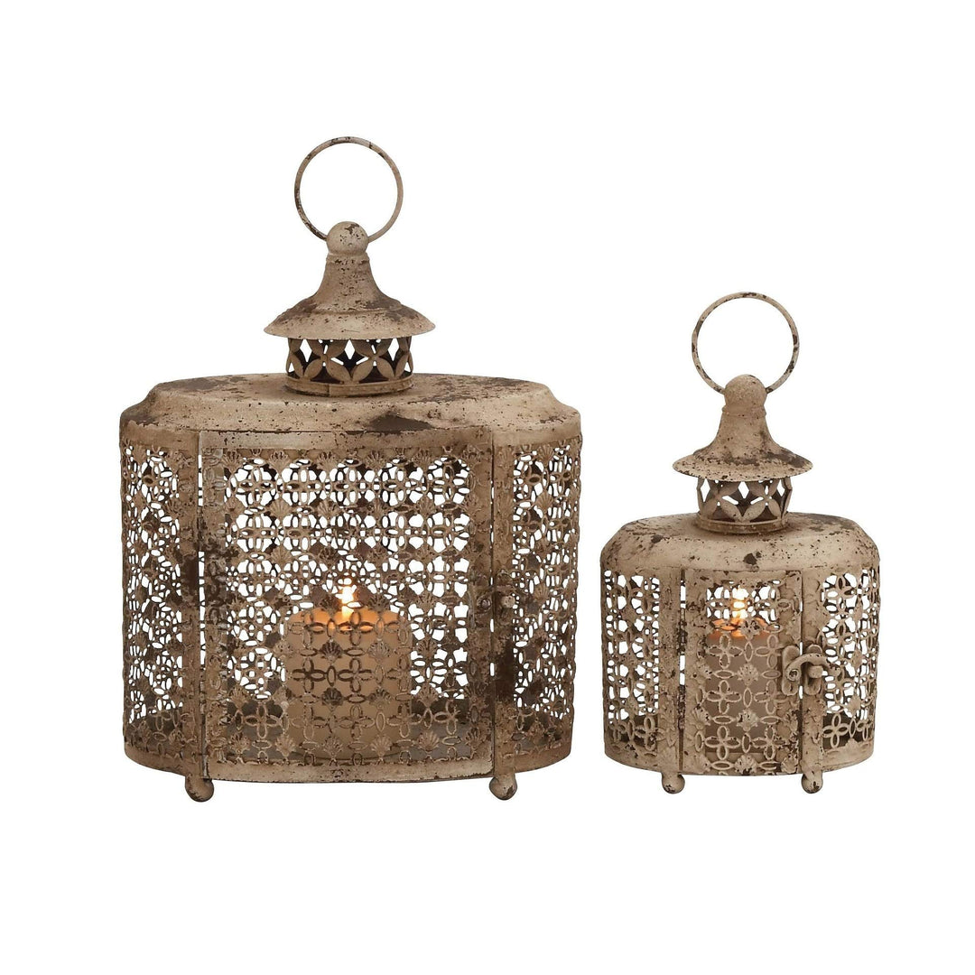 Distressed Lattice Oval Candle Lanterns (Set of 2) Tan Iron Metal