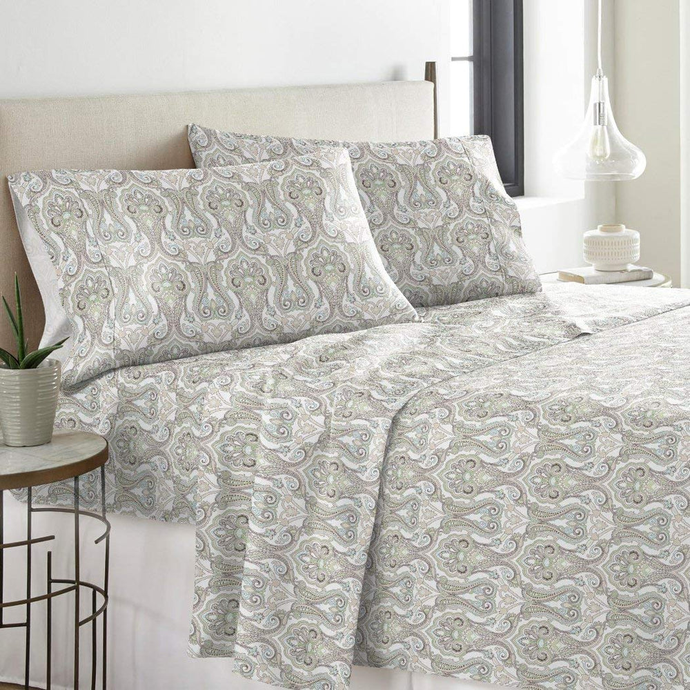 N 4 Piece Deep Pocket Grey White Queen Sheet Set Paisley Pattern Themed Paisley - Paisley/Striped - 4 Piece - Queen