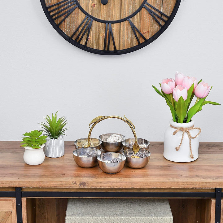 Shiny Polished Stainless Steel Six Sectional Serving Bowl With Gold Leaf