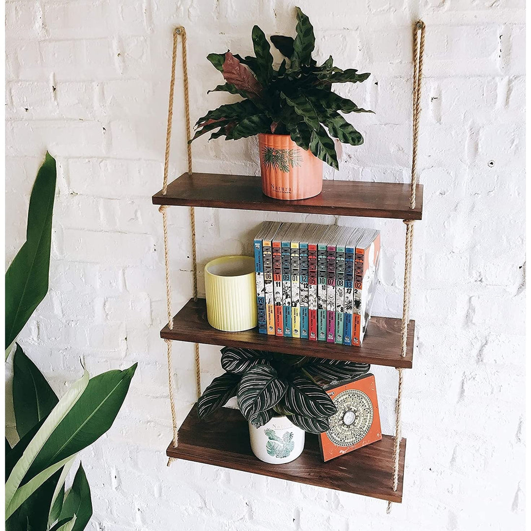 Wooden Floating Shelves Hanging Rope Swing 3 Tiers 17x8x39 Inch Brown Vintage