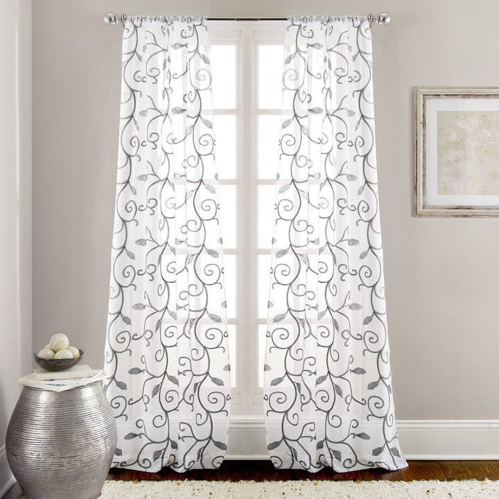 D&H 2 Piece Grey White Leaf wirl Design Floral Graphic Pattern Window Curtain