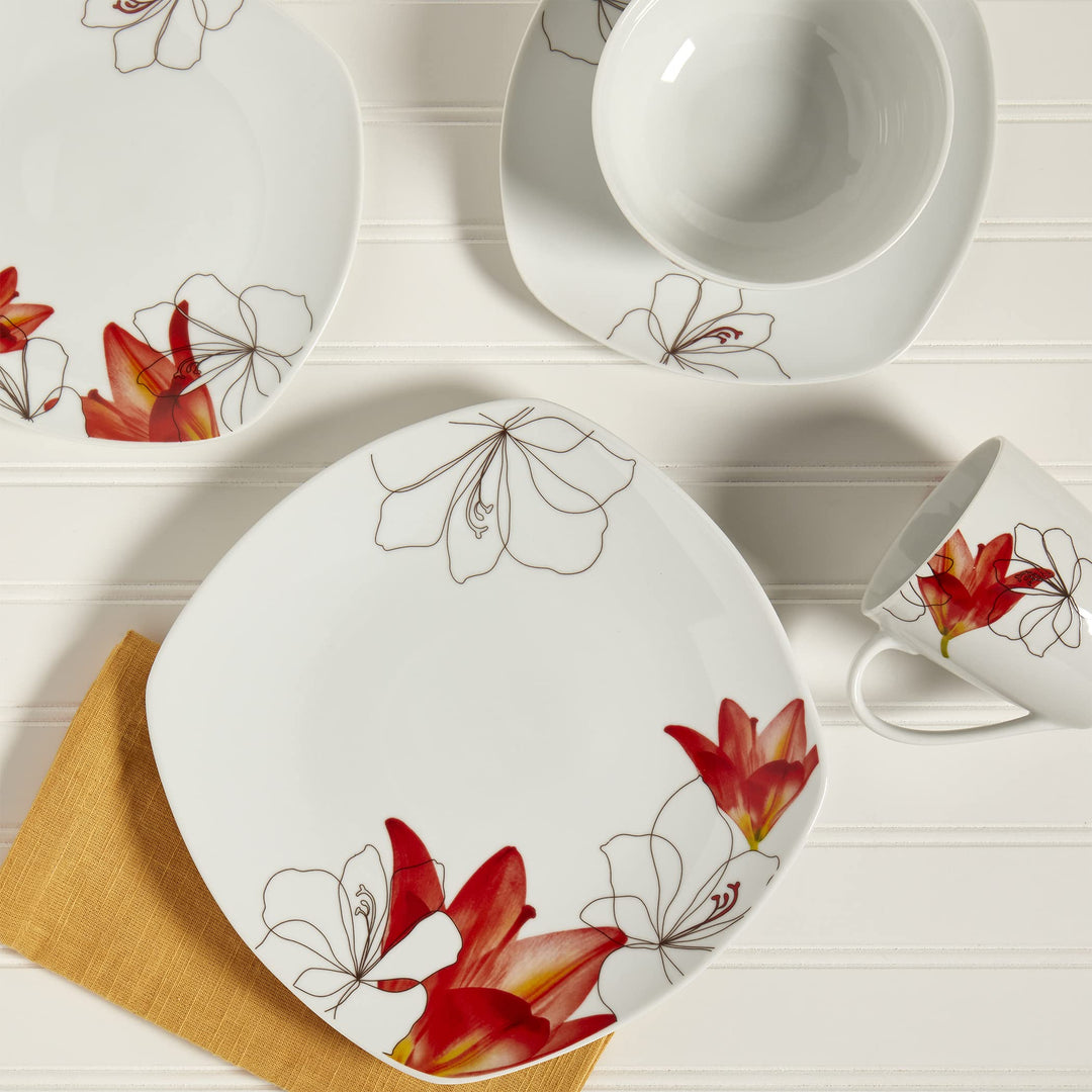 Tabletops Gallery Lily - Square White Porcelain 16 Piece Dinnerware Set