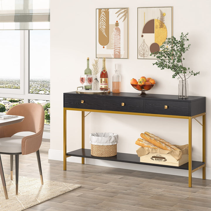 54.33'' Console Table with 3 Drawers Black Entryway Storage Shelves Glam - Diamond Home USA