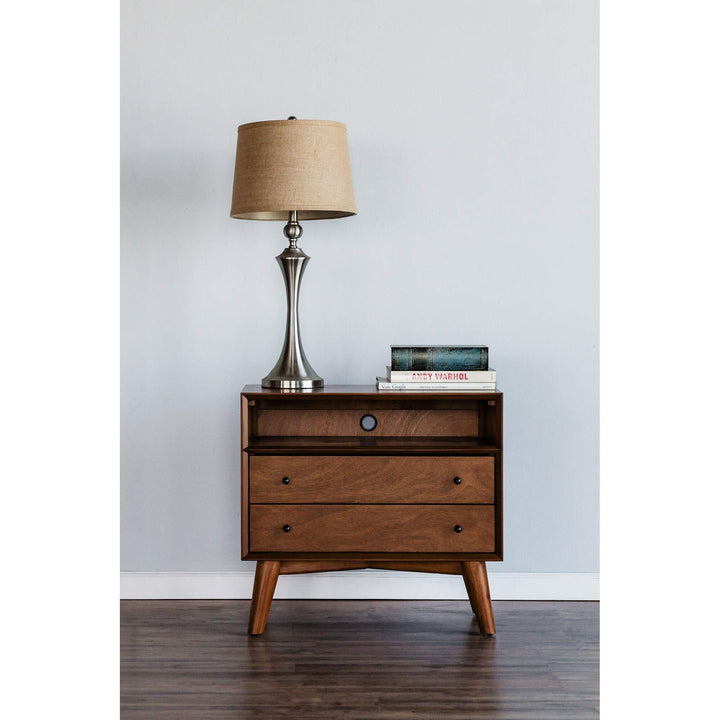 Large Wood 2 Drawer Nightstand in Acorn (Brown) Brown Mid-Century Modern