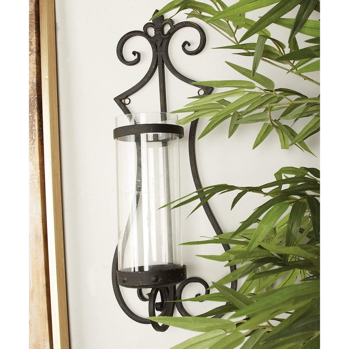 Metal and Glass Wide Candle Sconce Black Clear Traditional Iron