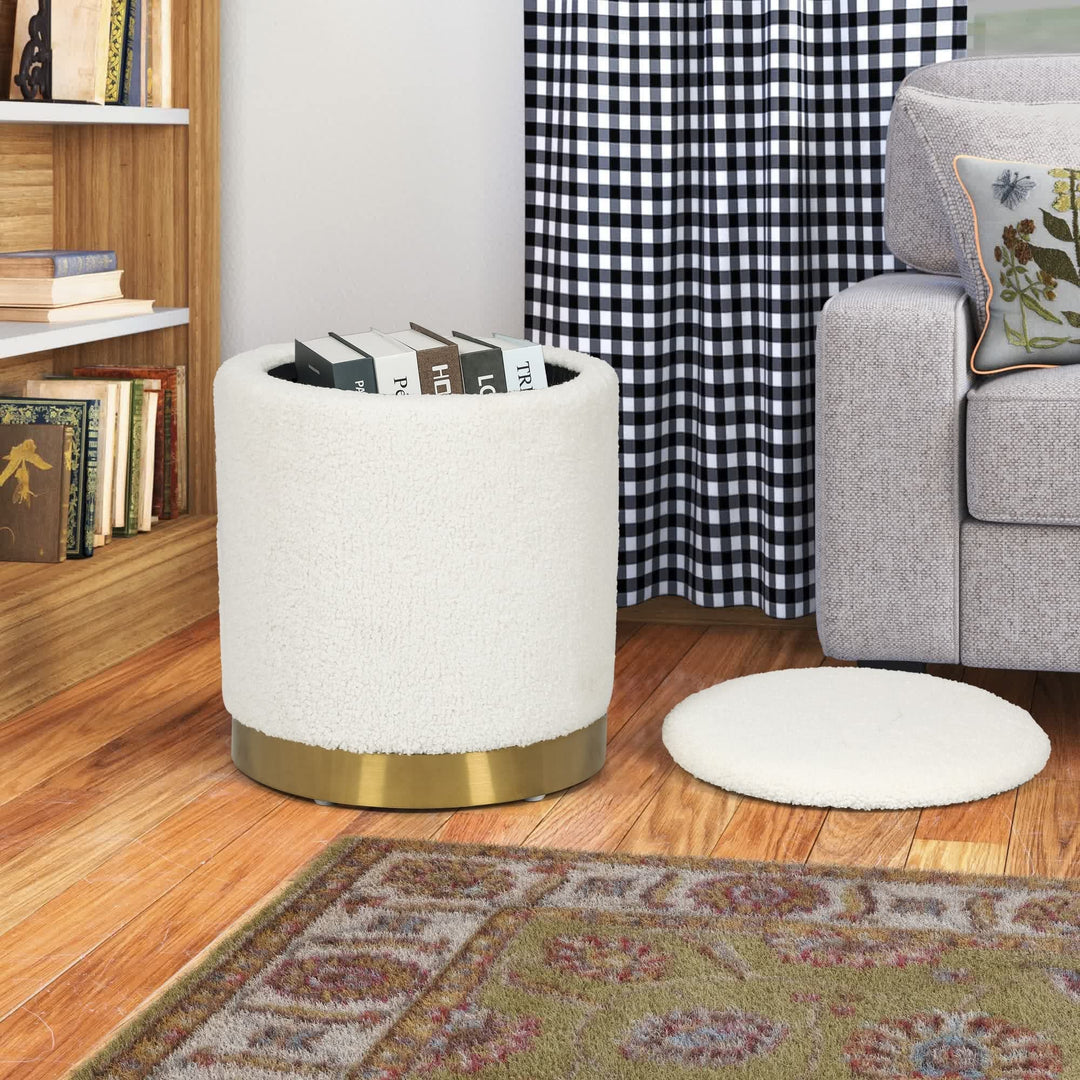 Velvet Round Storage Stool Gold Plating Base Ottoman White Solid asual Modern