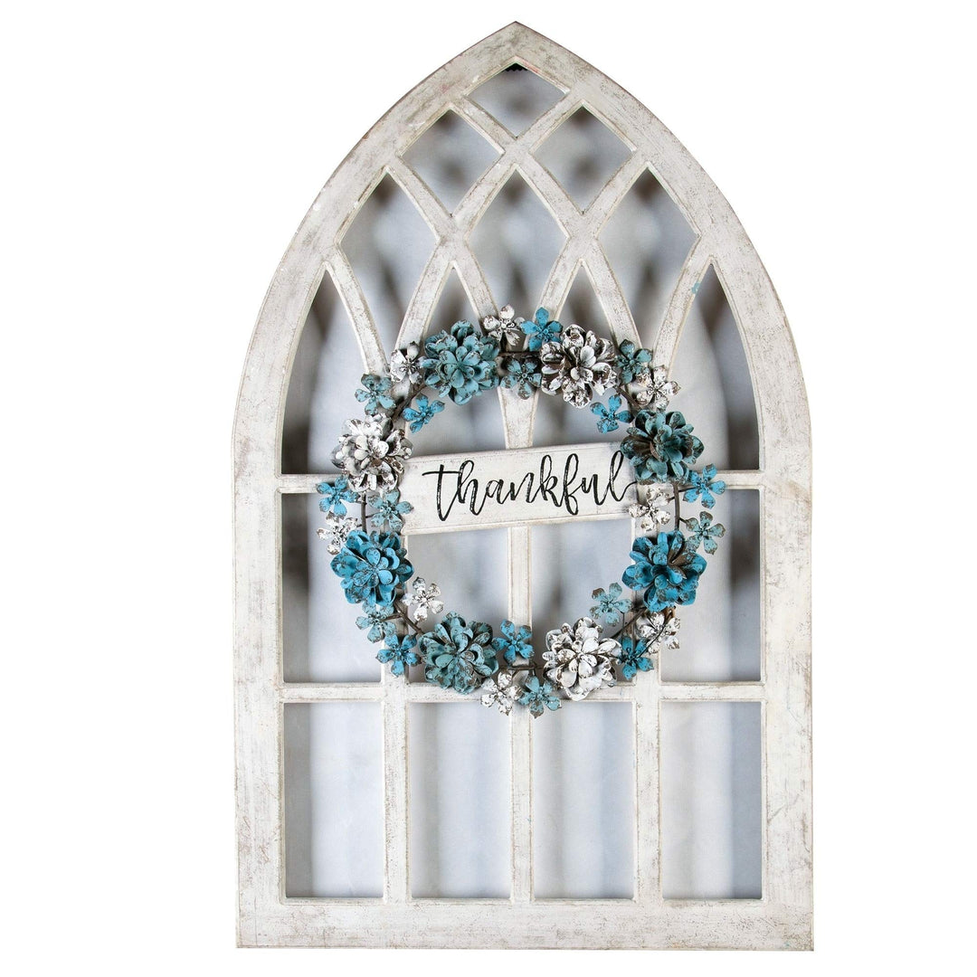 Metal and Wood Thankful Cathedral Window Wall Decor Blue White Shabby Chic