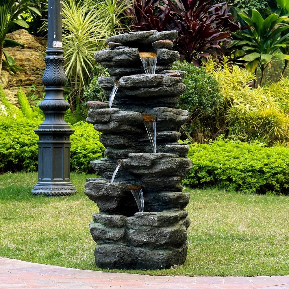 40-inch Tired Outdoor Rock Water Fountain Cascading Waterfall W/Light Grey - Diamond Home USA