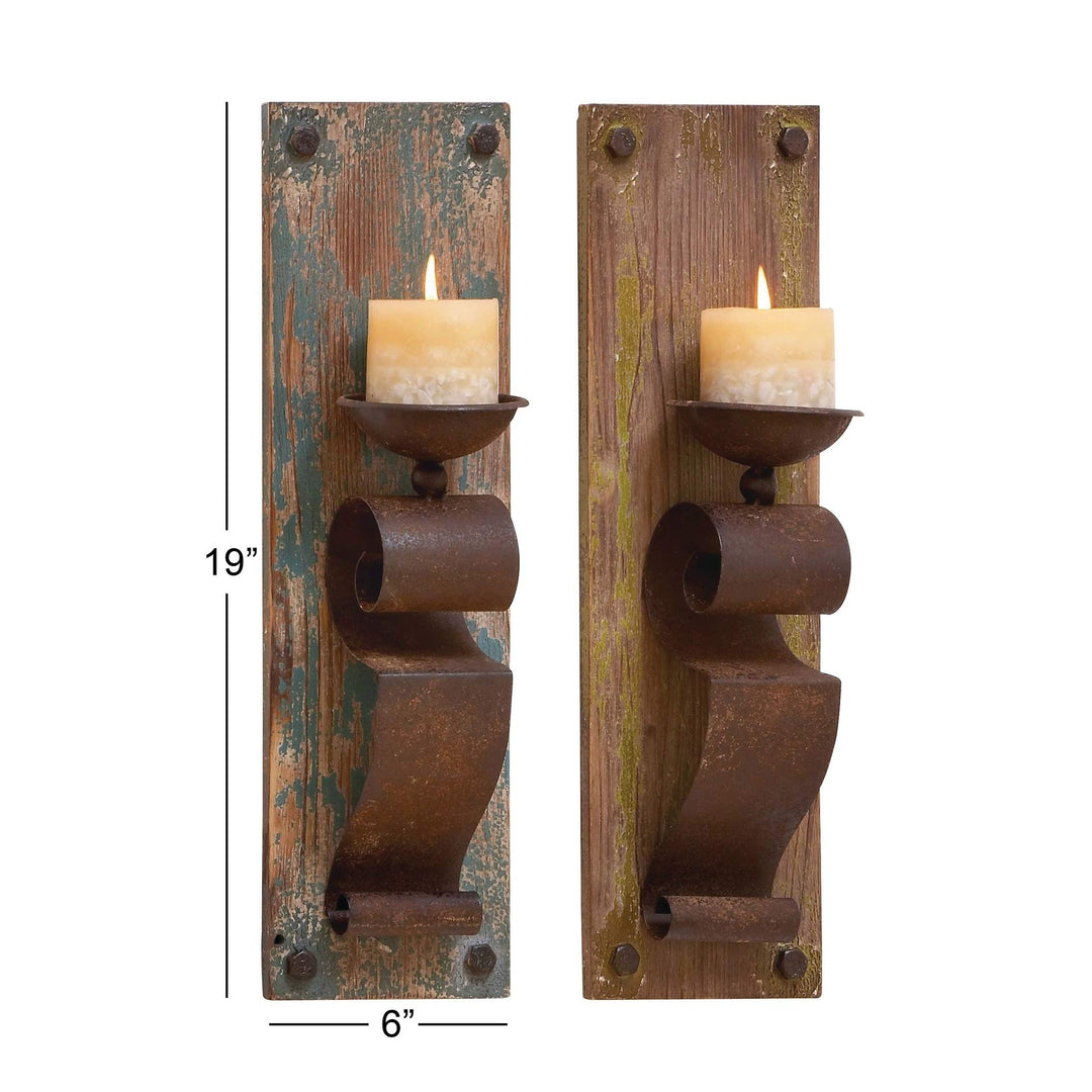 Rustic Brown 19-inch Candle Sconces (Set of 2) Farmhouse Iron Wood