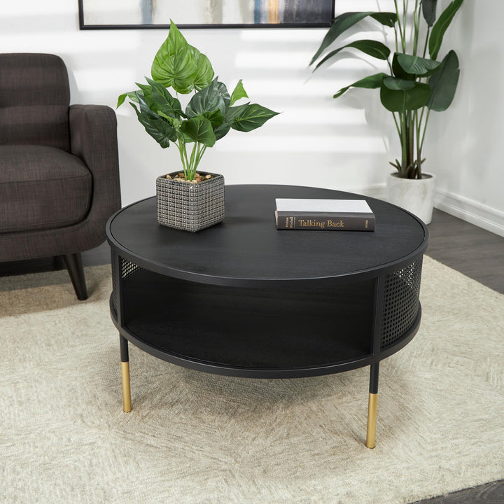 Black Metal Open Grid Frame 1 Shelf Coffee Table with Gold Legs Modern