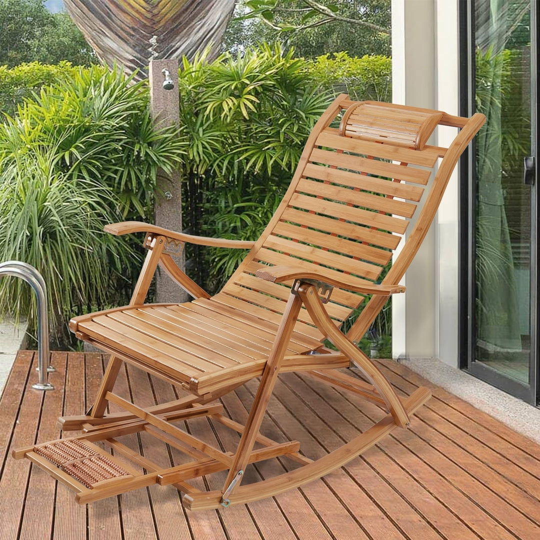 Bamboo Rocking Chairs Foldable Lounges Natural Classic Wood Finish Arm Reclining