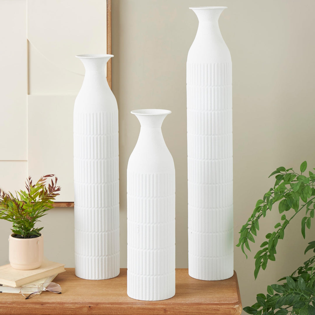 White Metal Tall Slim Ribbed Floor Vase (Set of 3)