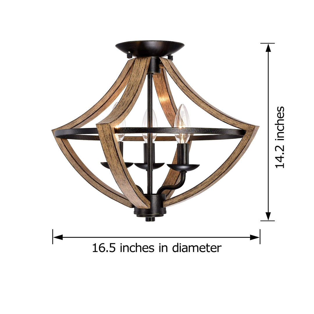 Wood Grain and Antique Black Metal Semi Flush Mount Industrial Iron