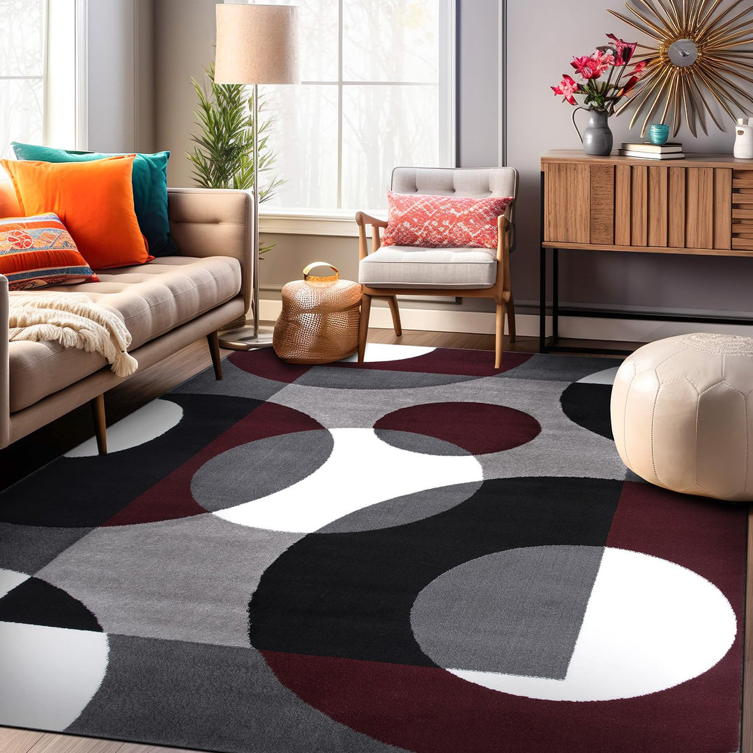 Rugshop Modern Circles Carpet Easy Maintenance for Home Office Living Room 6'6" x 9' - Burgundy