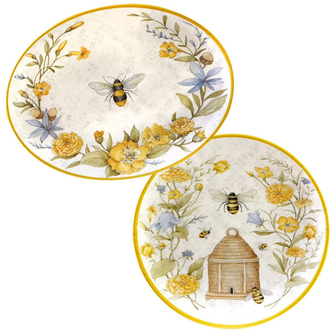 Bee Sweet 2-piece Platter Set Multi Color White Yellow Floral Casual Tropical