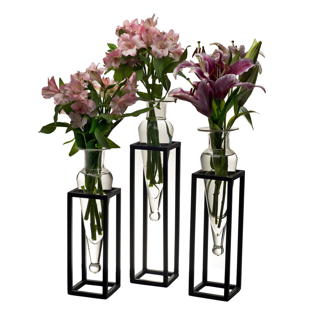 Set of 3 Clear Amphorae Vases On Square Tubing Metal Stands Glass Iron