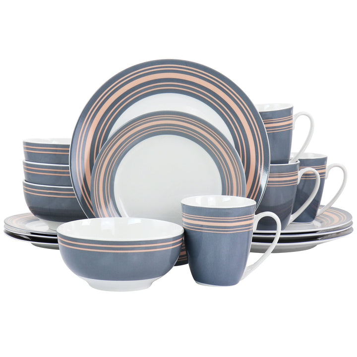 Silver Wind 16 Piece Fine Ceramic Dinnerware Set In Grey And Pink Border