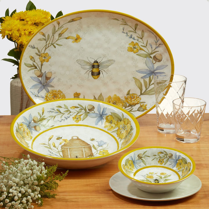 Bee Sweet 11" Dinner Plate Set Of 6 Dia Multi Color Off/White Yellow Floral