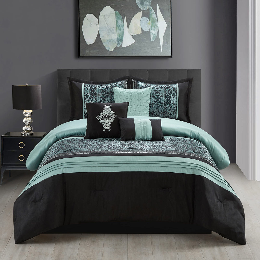 Grand Avenue Damask 7 Piece Comforter Set California King Aqua/Black California King - Aqua/Black