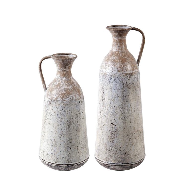 2pc Roma Pitcher Vases Tan White Rustic Traditional Metal Distressed Handcrafted