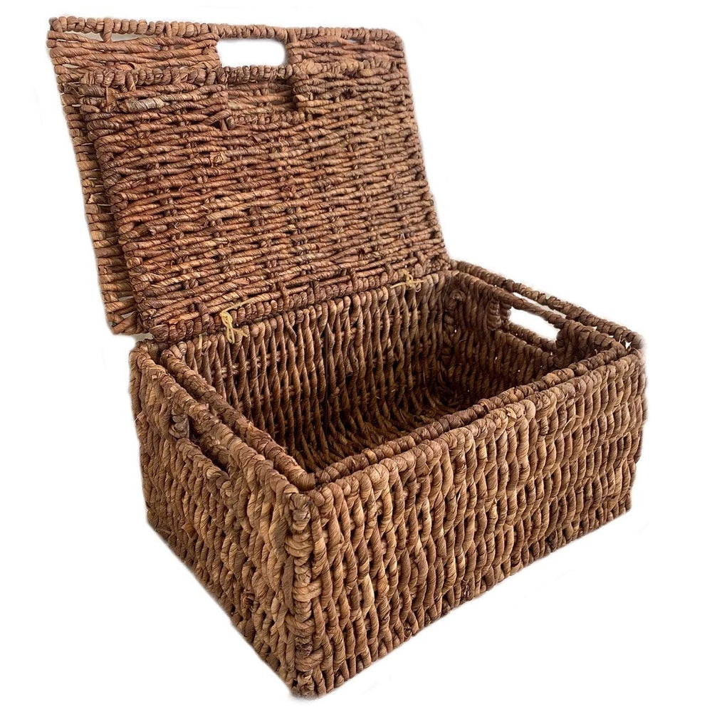 America Basket Woven Grass Rectangular Lidded Storage Baskets (Set of 2) Brown Dark Walnut - Diamond Home USA