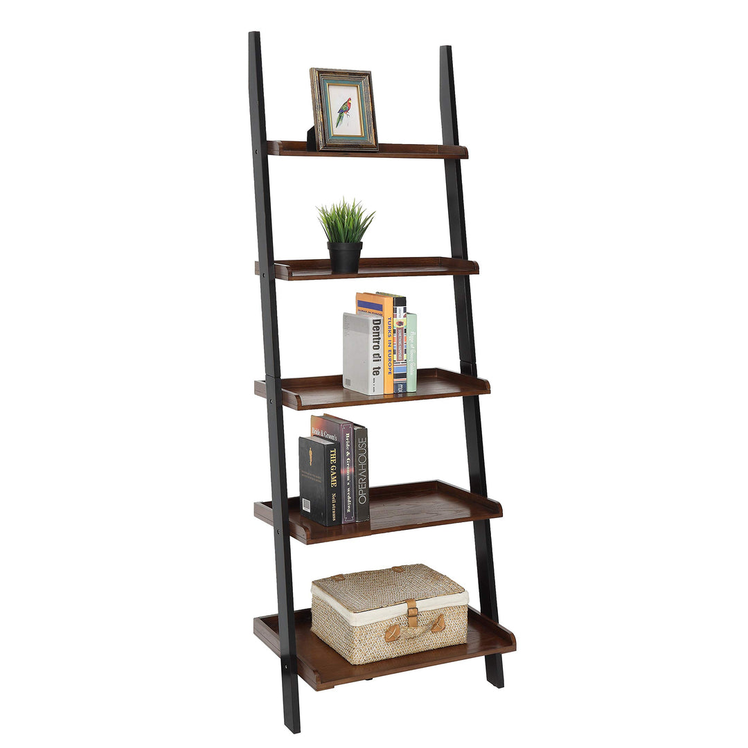 6ft Leaning Bookcase Ladder Shelf Wood 5 Tier Bookshelf Tilted