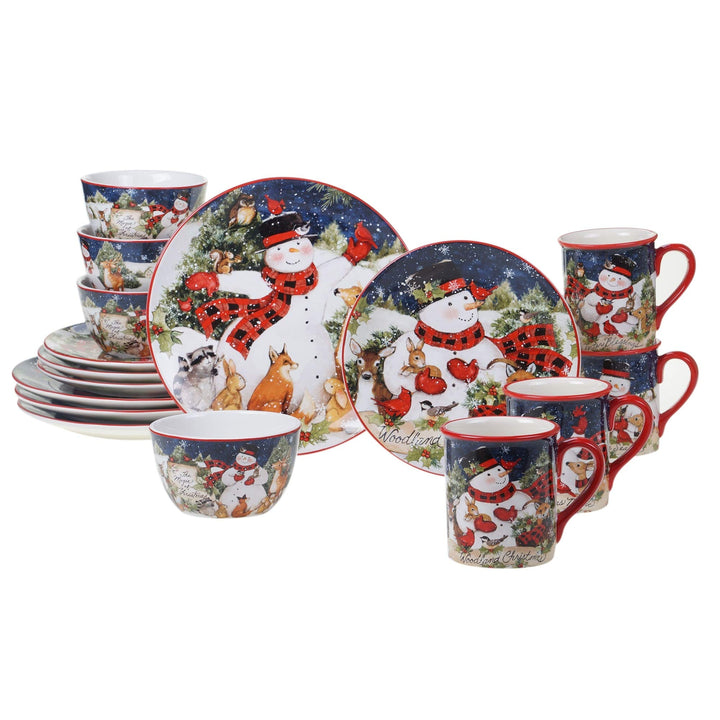 Magic of Christmas Snowman 16-Piece Dinnerware Set Service for 4 Green Multi