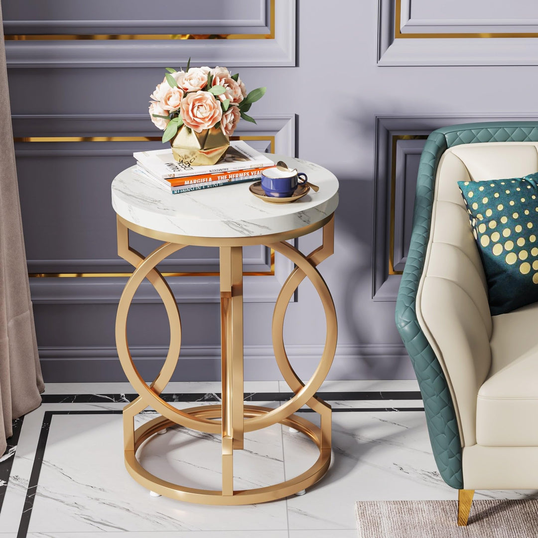 Gold End Table Round Side with Marble Top Mid-Century Modern Contemporary Iron