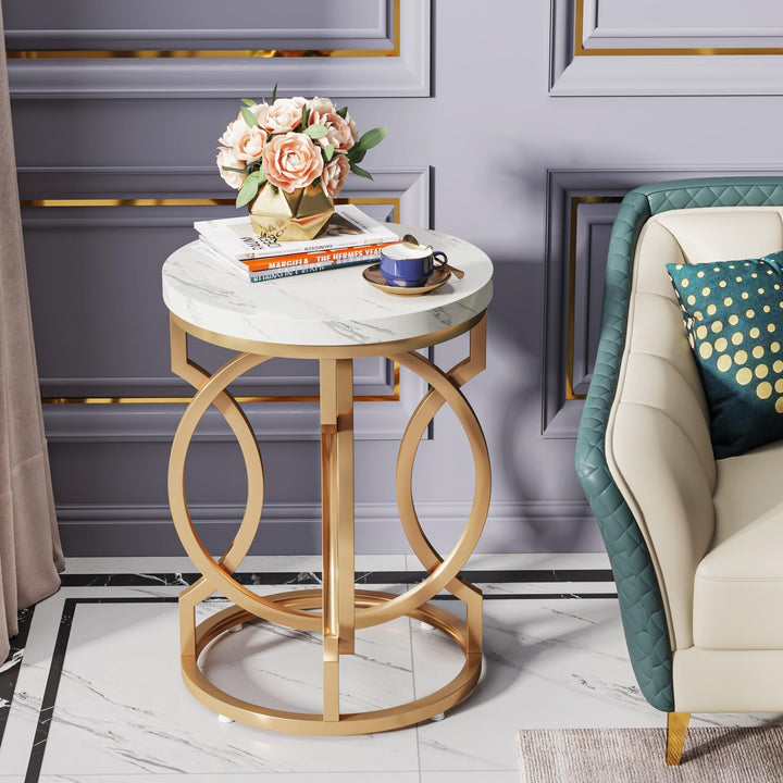 Gold End Table Round Side with Marble Top Mid-Century Modern Contemporary Iron