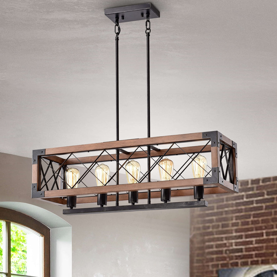 The Lighting Store Aurora Antique Black Rectangular Metal and Natural Wood