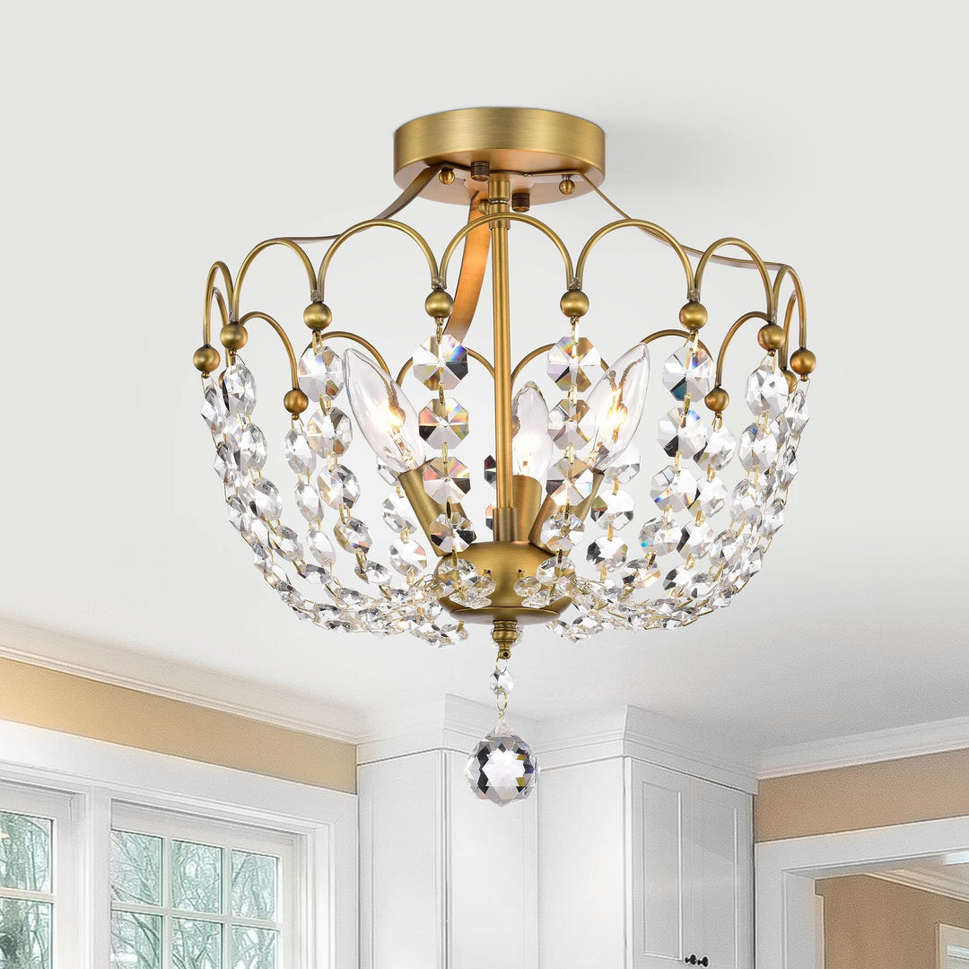 Vintage Brass 3-light Glam Semi Flush Mount with Crystal Steel Dimmable