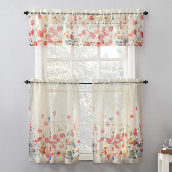 No. 918 Rosalind Watercolor Floral Semi-Sheer Rod Pocket Kitchen Curtain Valance