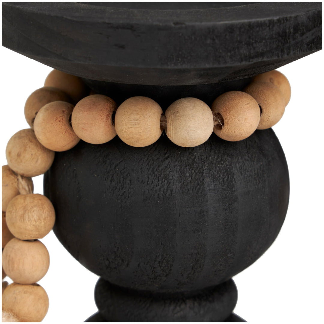 Black Wood Handmade Bubble Inspired Matte Candle Holder with Beaded Garland