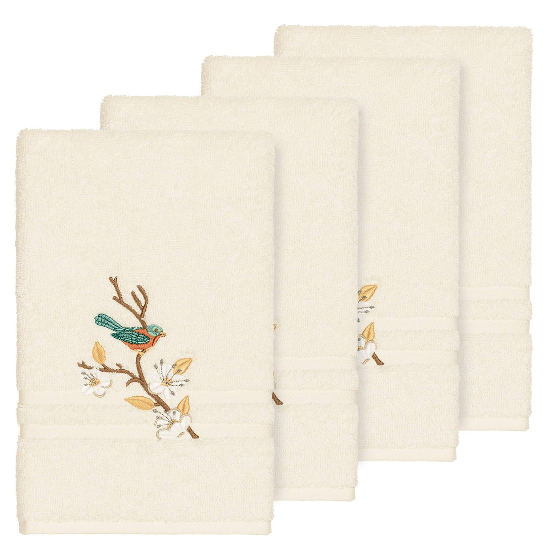 Authentic Hotel and Spa Turkish Cotton Blue Bird Embroidered Cream 4-Piece