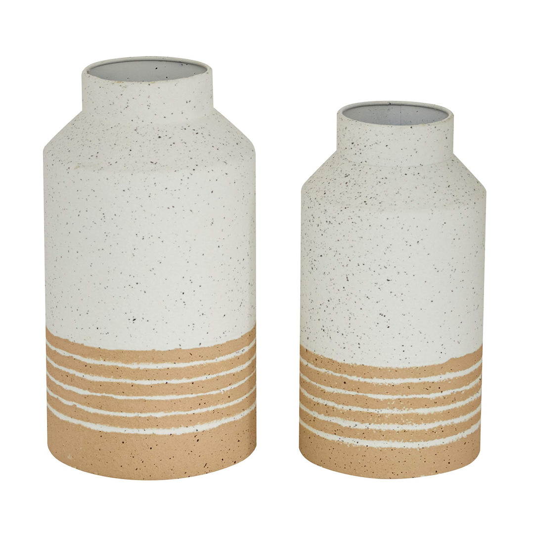 Round White Metal Textured Vase with Beige Striped Base Set of 2 11" " 6 X