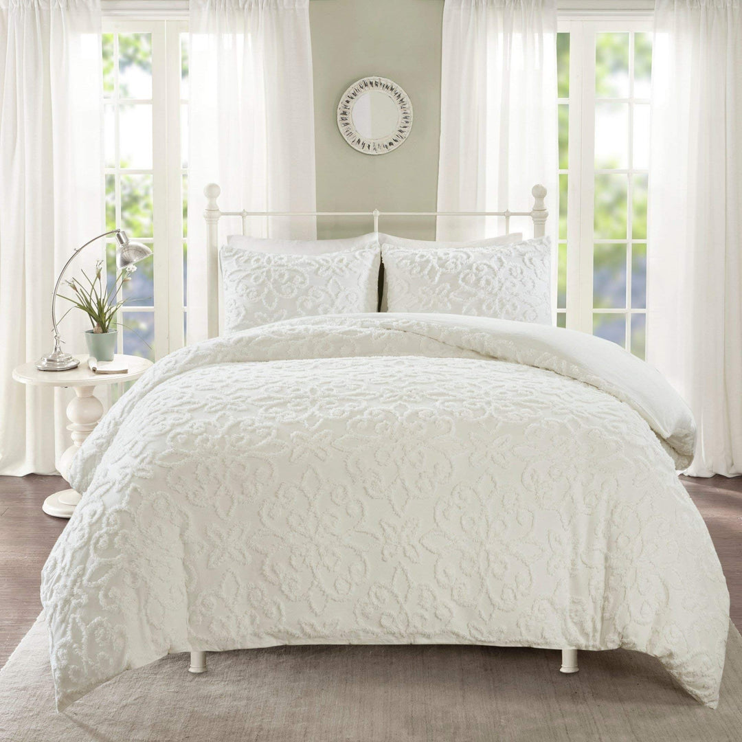 White nille Duvet Cover King/Cal King Set Tufted Bedding Floral Medallion