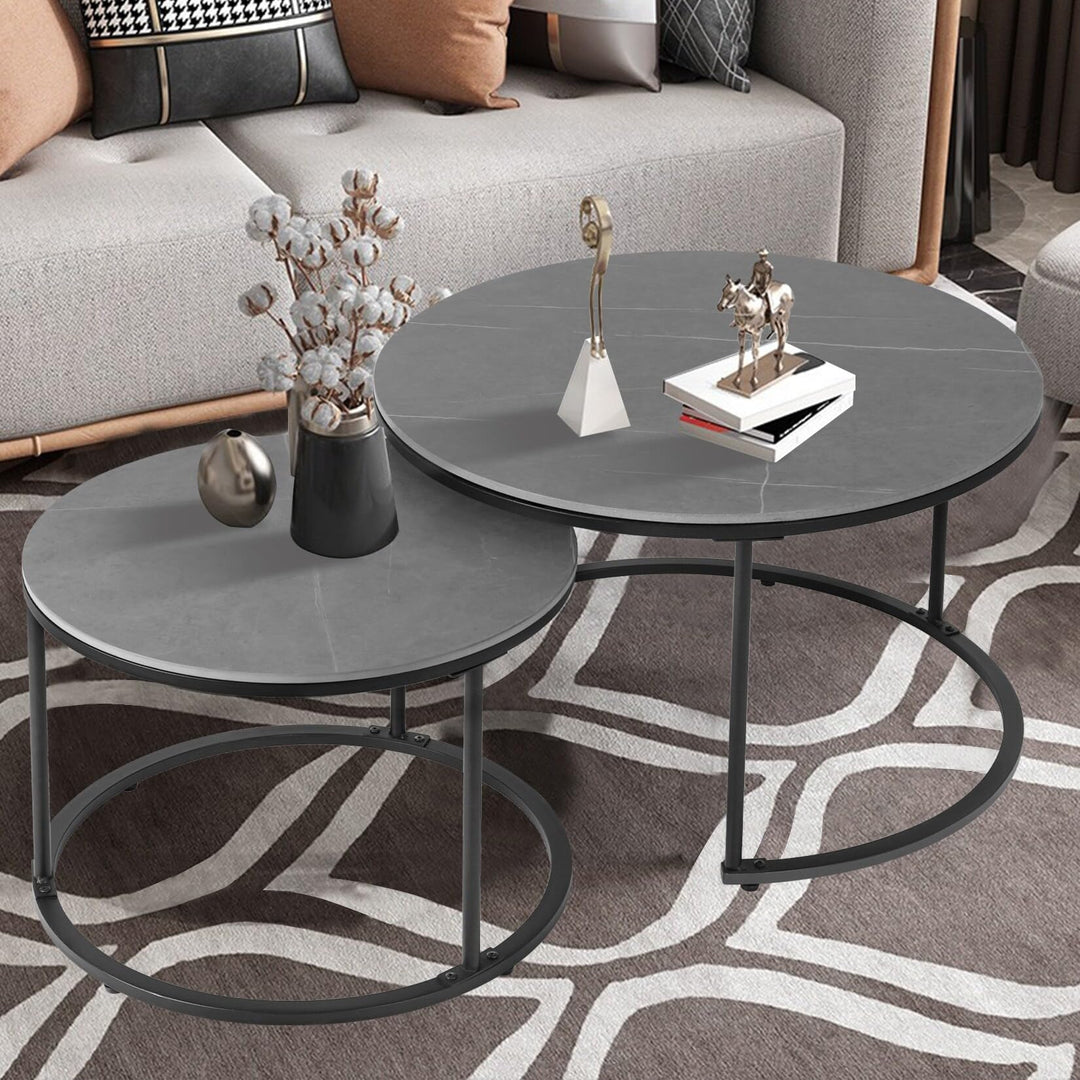 Round Black Grey Nesting Coffee Table (Set of 2) Industrial Modern