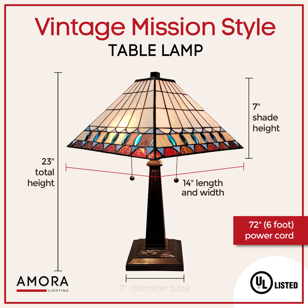 Amora Vintage Tiffany Table Lamp - Geometric Mission Style Table Night Light - Multi-color/White