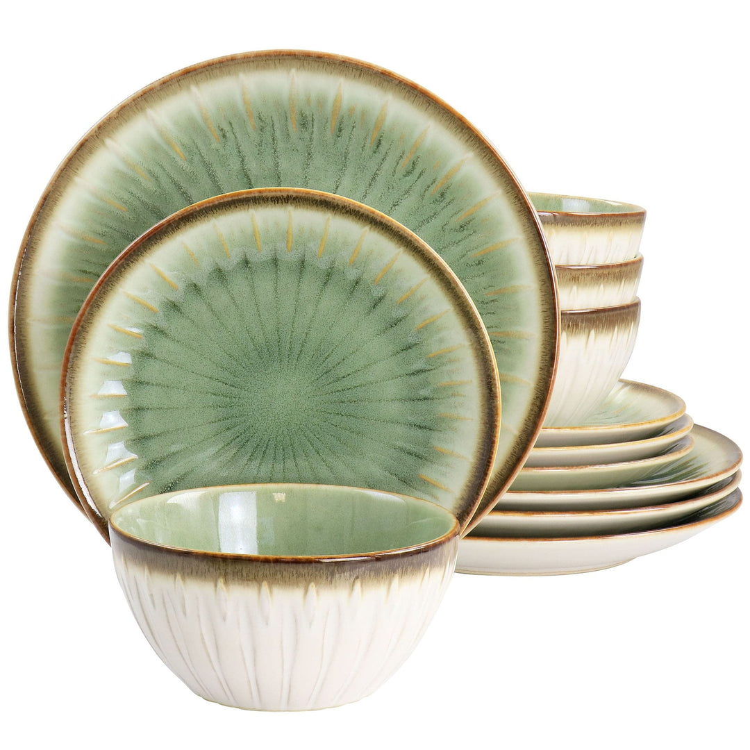 Bay 12 Piece Stoneware Dinnerware Set In Green Textured Traditional Round