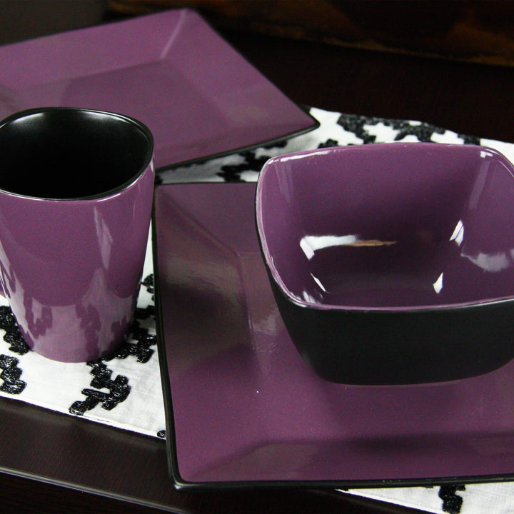 16-Piece Premium Stoneware Dinnerware Set (Service for 4) Black Purple Geometric - Diamond Home USA