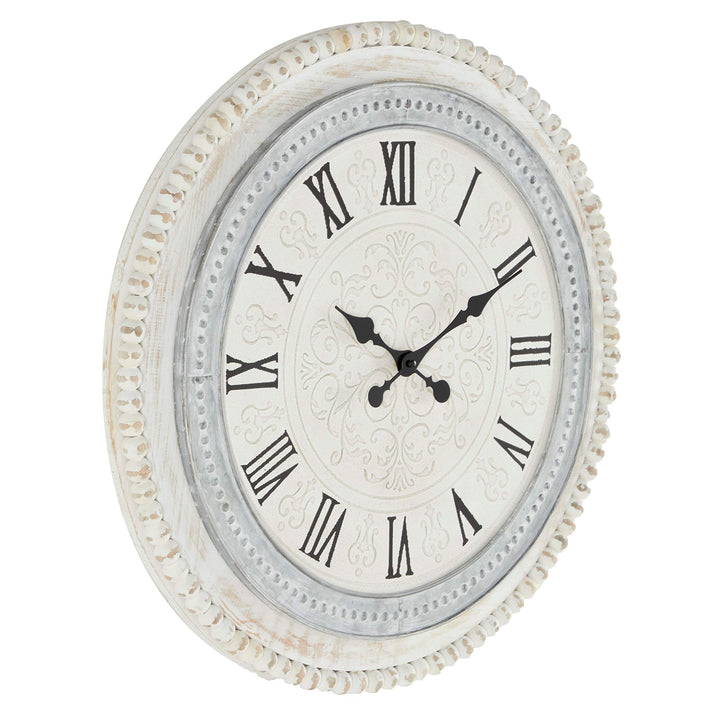 Round Distressed White and Grey Wood Wall Clock with Beaded Textured Rim " X