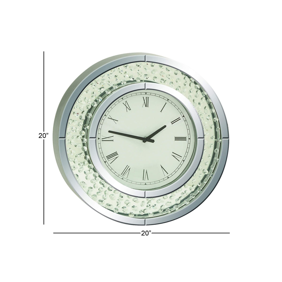 Jeweled Glass Mirror Wall Clock Clear Silver White Glam Round Battery