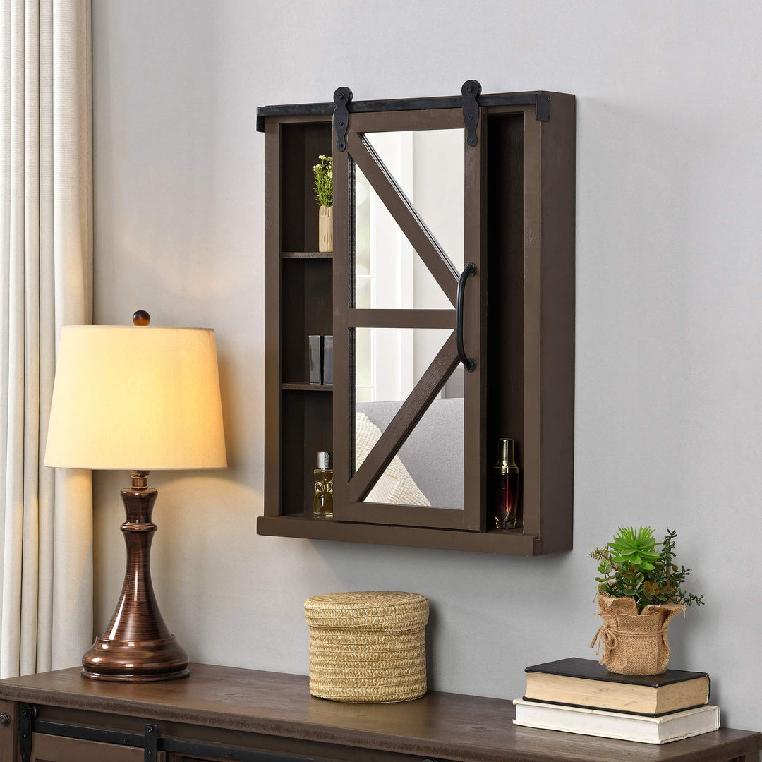 FirsTime & Co. Dark Brown Winona Barn Door Mirrored Cabinet Storage with Shelves Espresso