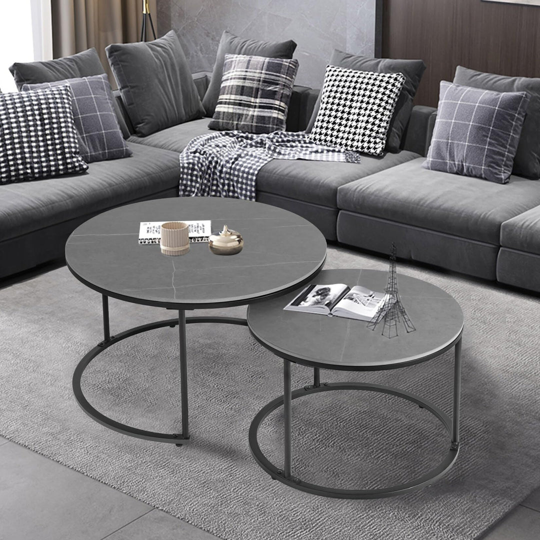 Round Black Grey Nesting Coffee Table (Set of 2) Industrial Modern