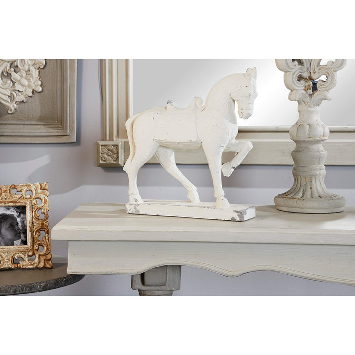 Distressed Horse Sculpture Shelf Decor 13" X 14" White Glass