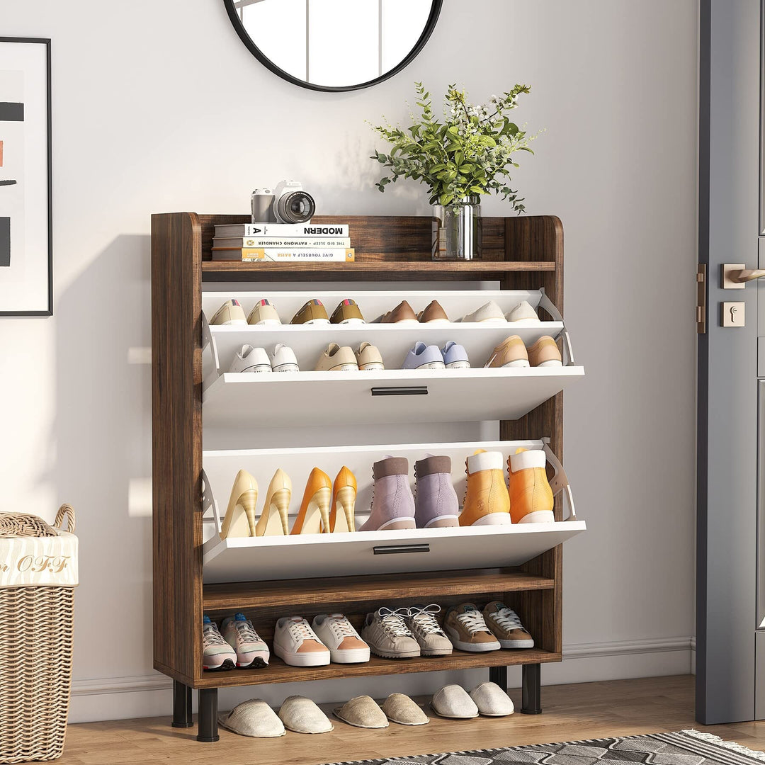 Shoe Storage Freestanding Cabinet with Drawers and Open Shelves for Entryway Brown