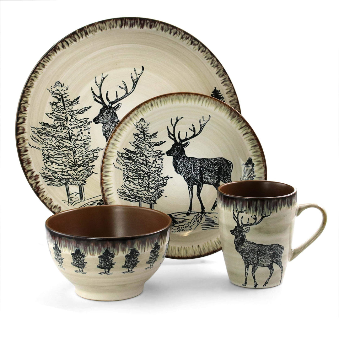 Moose Piece Round Stoneware Dinnerware Set in Taupe Beige Animal Casual 16